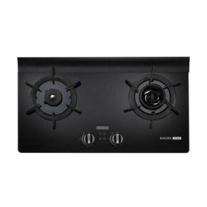 Black glass two-burner gas cooktop with central control knobs and digital display area in the middle