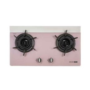 Pink two-burner gas stove with black burners and two silver knobs, brand Sakura, on a light surface.