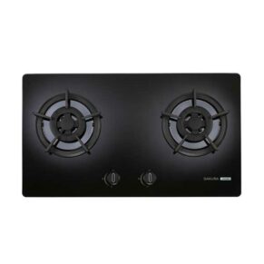 Two-burner gas hob with a black glass surface and center control knobs in the middle of the unit on a white background