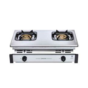Stainless steel double-burner gas stove with front control knobs and compact lower panel (Sakura brand).