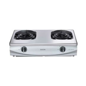 Two-burner stainless steel gas stove with front control knobs