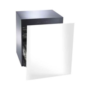 Built-in dishwasher with the door partially open, showing the interior rack and silver exterior.