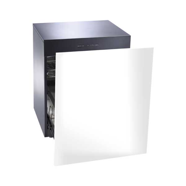 Built-in dishwasher with the door partially open, showing the interior rack and silver exterior.