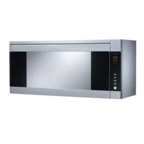 Stainless steel microwave oven with a large glass door and digital control panel on the right side of the unit.