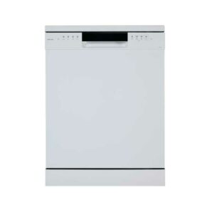 White front-loading dishwasher with a top-front control panel and handle