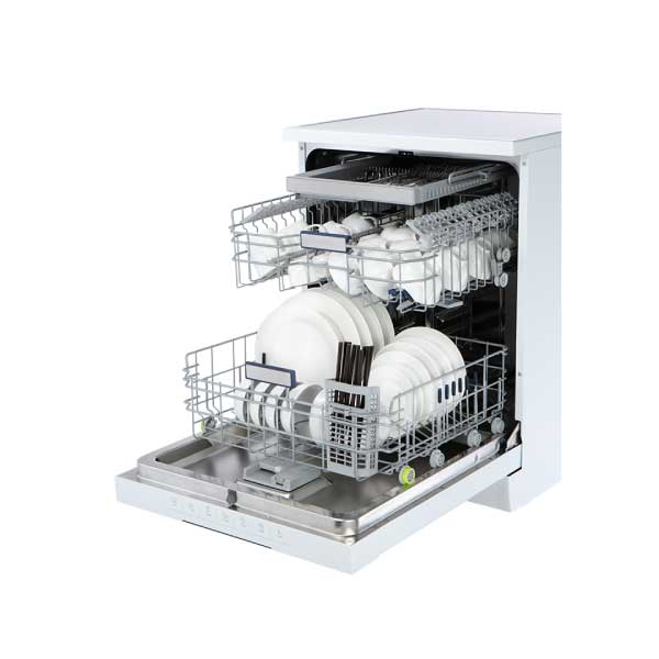 Open countertop dishwasher with racks filled with clean white dishes and silverware basket inside.