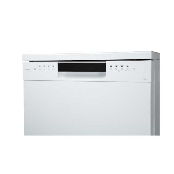 Front view of a white dishwasher with a control panel along the top edge on the door