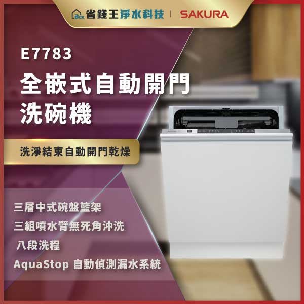 E7783 全嵌式自動開門洗碗機,機身置中,展示關鍵功能與廣告說明。