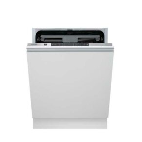 White front-load dishwasher with the door slightly open, exposing the control panel along the top edge and interior racks