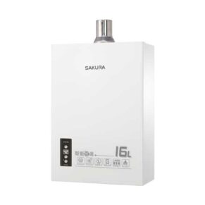 White rectangular gas water heater with vent on top, Sakura brand, 16L capacity, and a black control panel on the lower left.