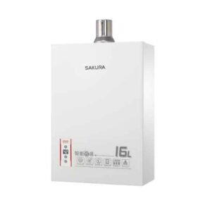 White Sakura 16L wall-mounted water heater with a metal vent on top and small status icons along the bottom edge.