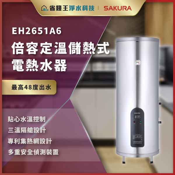 商業風格電熱水器海報,顯示型號 EH2651A6 與最高出水 48°C,右側為銀色立式水熱器。