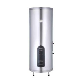 Vertical stainless steel electric water heater with a front control panel and two side fittings on a round base stand.