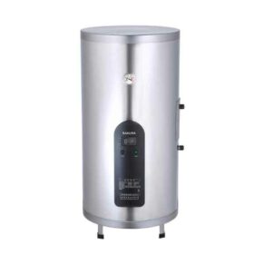 Electric stainless steel water boiler with a black control panel and two side knobs on a standing base.