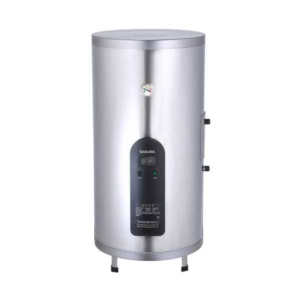 Electric stainless steel water boiler with a black control panel and two side knobs on a standing base.