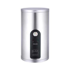 Vertical silver electric water heater with a black control panel showing a gauge and status lights (SAKURA)