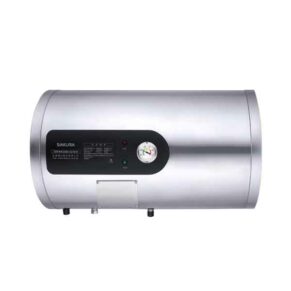 Horizontal silver water heater with a black control panel on the side, displaying a gauge and status lights.
