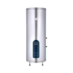 Tall stainless steel water heater with a blue control panel on the front and two side knobs, standing on short legs.