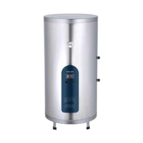 Tall stainless steel electric water heater with a blue control panel and digital display on the front.