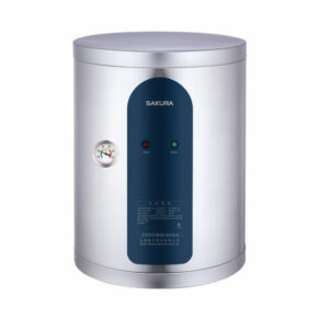 Electric water heater tank with a blue control panel and a built-in pressure gauge on a silver cylindrical body, labeled SAKURA.