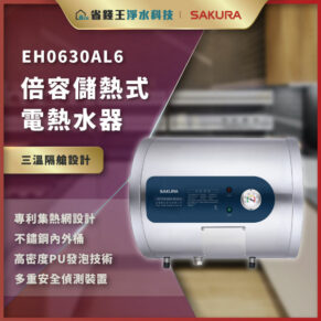 SAKURA EH0630AL6 電熱水器，銀白機身與藍色控制面板的側視圖，放在現代廚房中。畫面為產品宣傳海報。