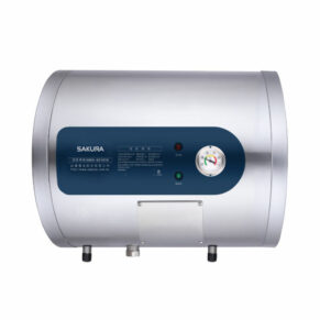 Electric water heater with blue control panel labeled SAKURA, mounted on a silver cylindrical tank with gauges and connectorsic