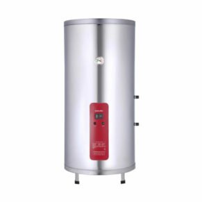 Vertical stainless steel electric water heater with a red control panel on the front and a small gauge near the top, standing on short feet.