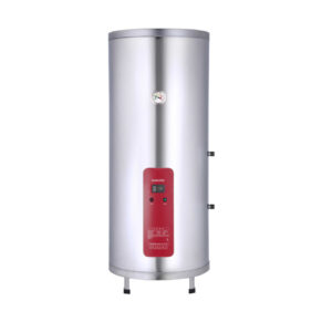 Tall stainless-steel electric water heater with a red control panel and four feet.