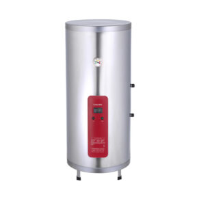 Vertical stainless steel water heater with a red front control panel and a small gauge on the panel, standing on short legs.