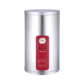 Stainless steel vertical water heater with a red front panel containing a gauge and two indicator lights labeled SAKURA
