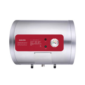 Sakura electric water heater with a silver cylindrical body and red control panel on the front.