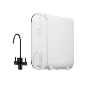 White countertop water purifier with a tall rounded front panel and a black faucet beside it