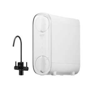 White under-sink water filtration system with a vertical transparent front panel and a separate black faucet.