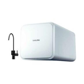 White Sakura water filtration unit with a tall black faucet beside it.