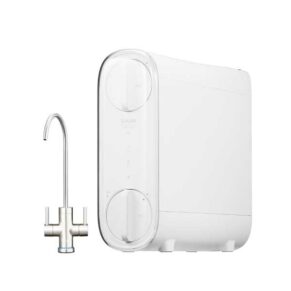 Compact countertop water filtration unit with a chrome faucet and a white housing against a plain background.