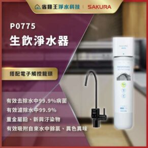 P0775 生飲淨水器，含電子觸控龍頭，與前置水龍頭搭配的濾水裝置在現代廚房背景中展示。