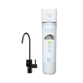 Home water filtration system with a tall cylindrical filter and a black faucet for filtered water.