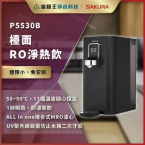 Product poster for P5530B RO water purifier with a black unit and faucet on the right and Chinese specs on the left.
