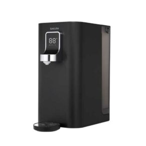 Black countertop water purifier with a digital display and chrome dispensing tap, and a removable drip tray in front.