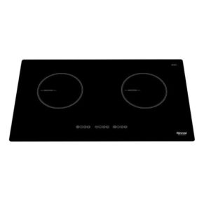 Black glass induction cooktop with two circular burners, touch controls in the center, Brand: Rinnai (bottom right).