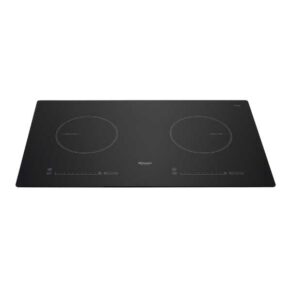 Black, two-burner induction cooktop with touch controls along the front edge.