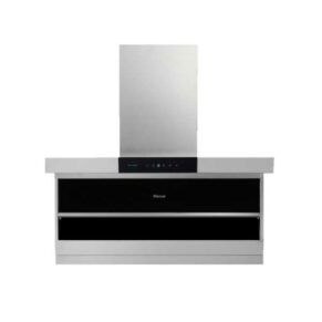 Stainless steel kitchen range hood with a tall chimney vent and black glass front panel.