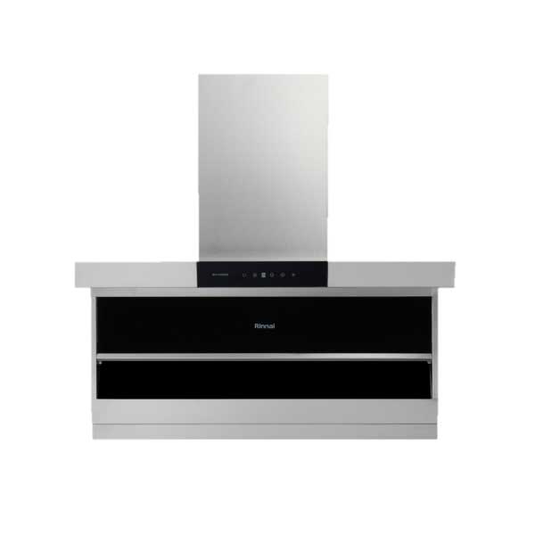 Stainless steel kitchen range hood with a tall chimney vent and black glass front panel.