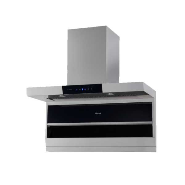 Stainless steel wall-mounted kitchen range hood with a tall rectangular chimney and front vent panel.