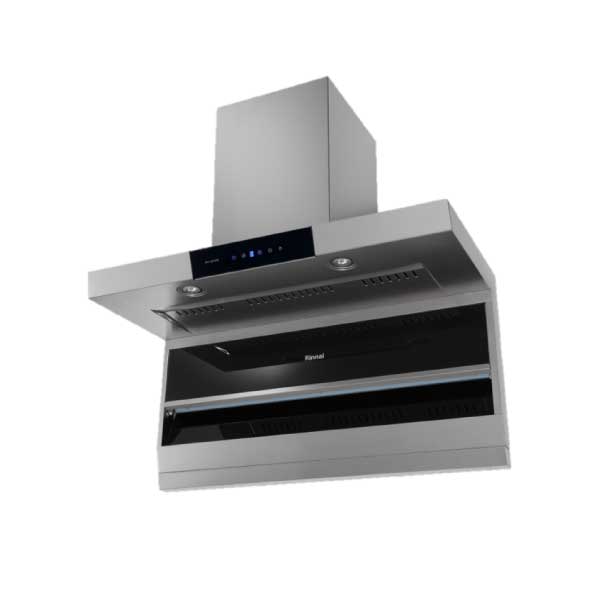 Stainless steel wall-mounted range hood with a digital control panel and twin LED lights above the cooking area.