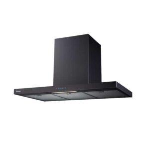 Black wall-mounted kitchen range hood with a tall chimney and underside lights.