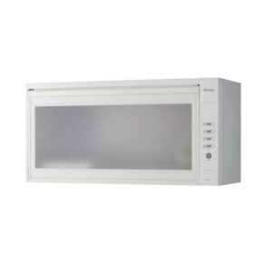 White countertop microwave oven with a large door window and vertical control panel on the right side (Samsung).