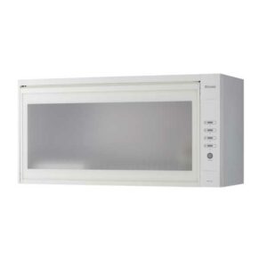 White microwave oven with a large front door and a vertical control panel on the right side, shown in a neutral kitchen setting (informative image).