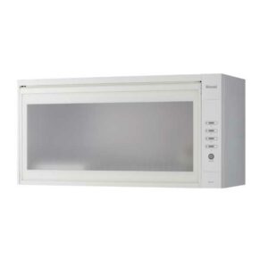 White microwave oven with a frosted glass door and a vertical control panel on the right side.