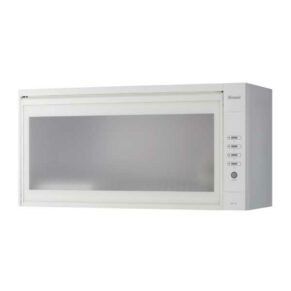 White microwave oven shown from the front with a large door window and a vertical control panel on the right side.